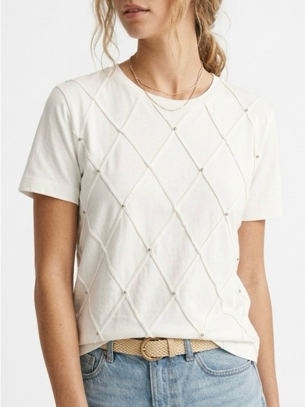 J.Crew Jewel Embellished Lattice Tee Shirt Ivory XS Elevated Basics Coquette